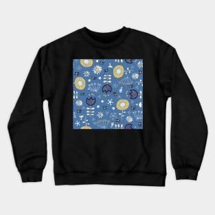  yellow and light blue flowers on blue background. For midsummer, pick 7 different wildflowers and place them under your pillow. The next night you dream of your husband. :-) Crewneck Sweatshirt